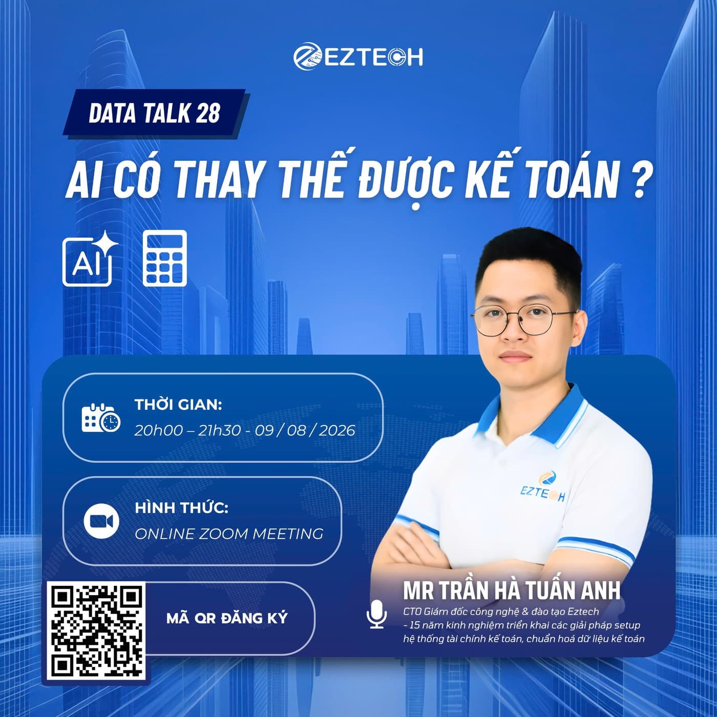 Poster Data Talk 28 — AI có thay thế được kế toán? 20h00–21h30 Chủ nhật 09/08/2026, online qua Zoom, có mã QR đăng ký