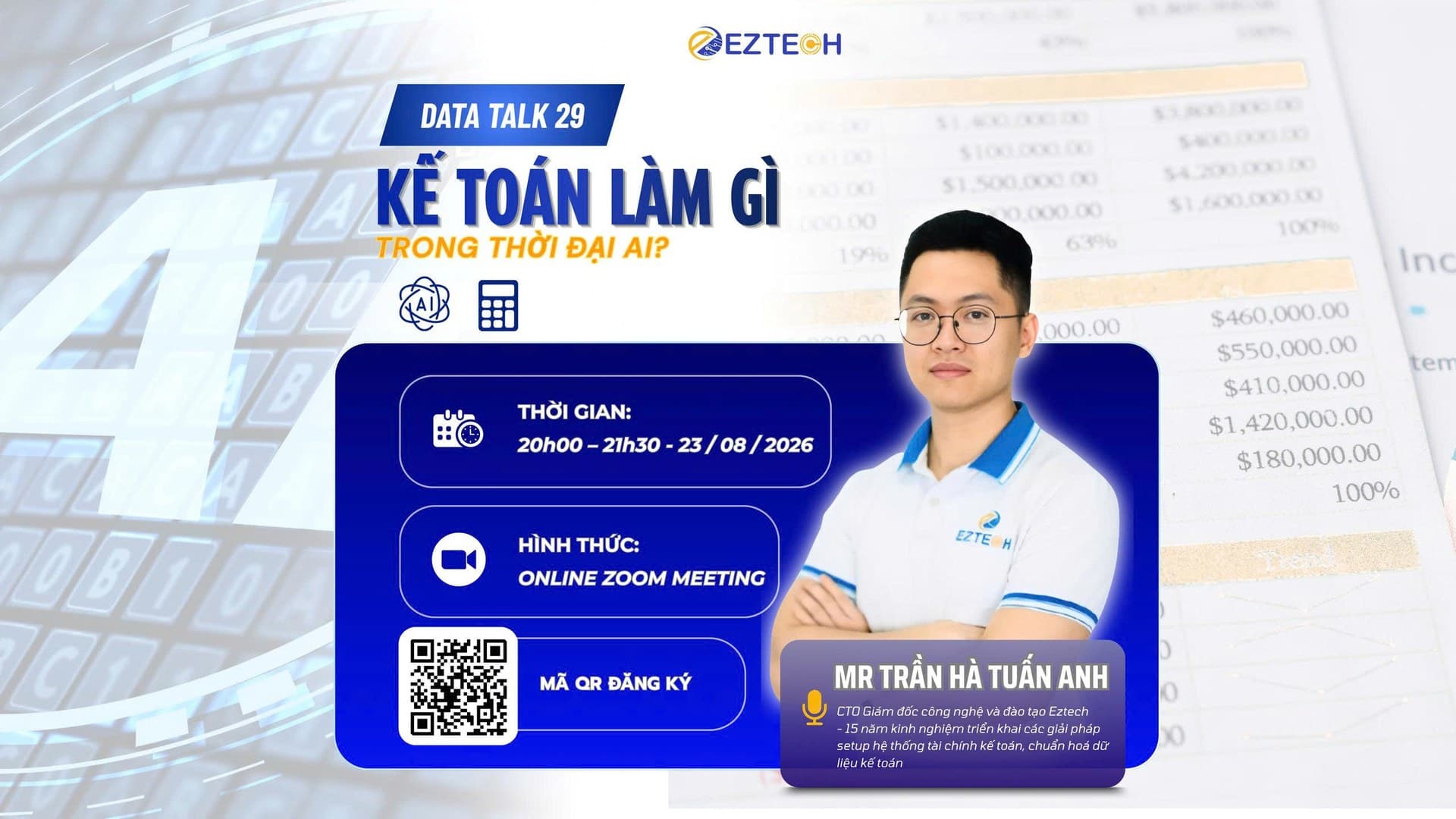 Banner ngang Data Talk 29 — Kế toán làm gì trong thời đại AI? Diễn giả Mr Trần Hà Tuấn Anh, 20h00–21h30 ngày 23/08/2026