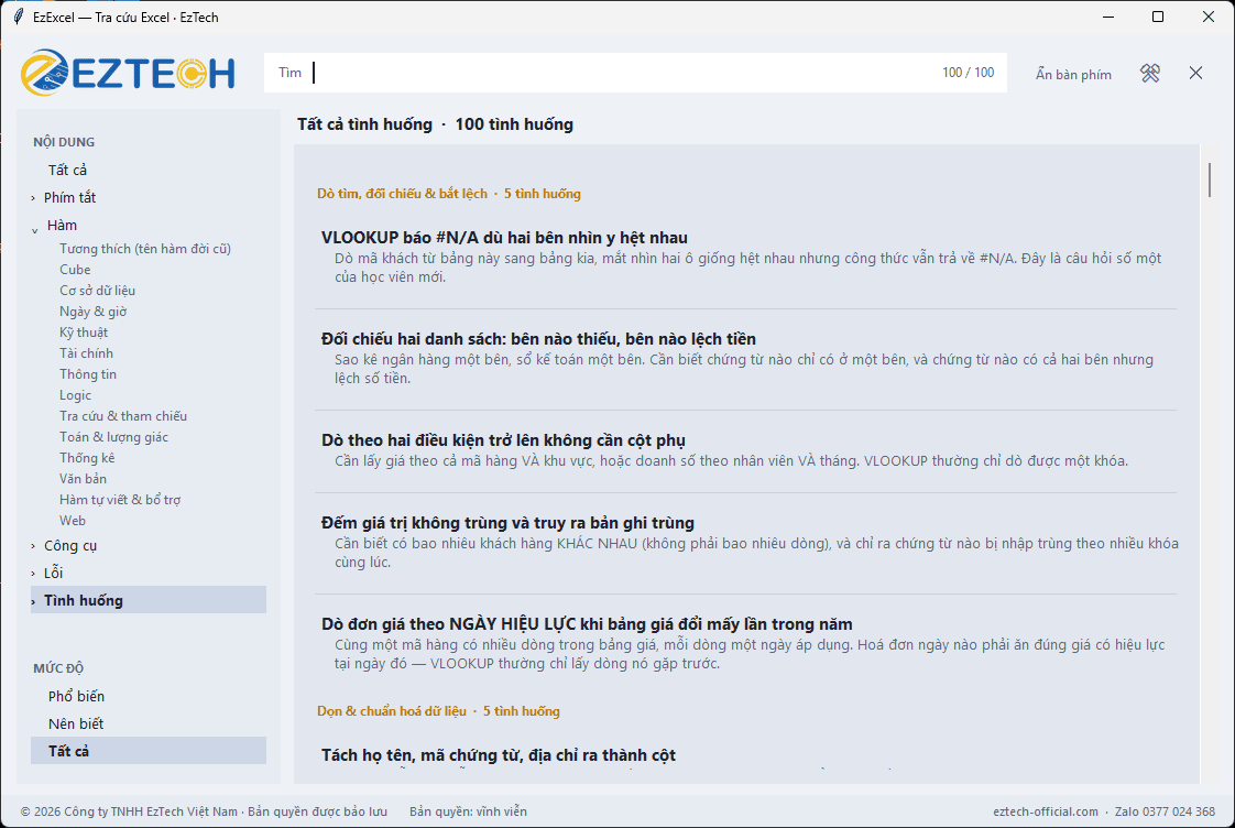 Danh sách 100 tình huống nghiệp vụ trong EzExcel, gom theo nhóm