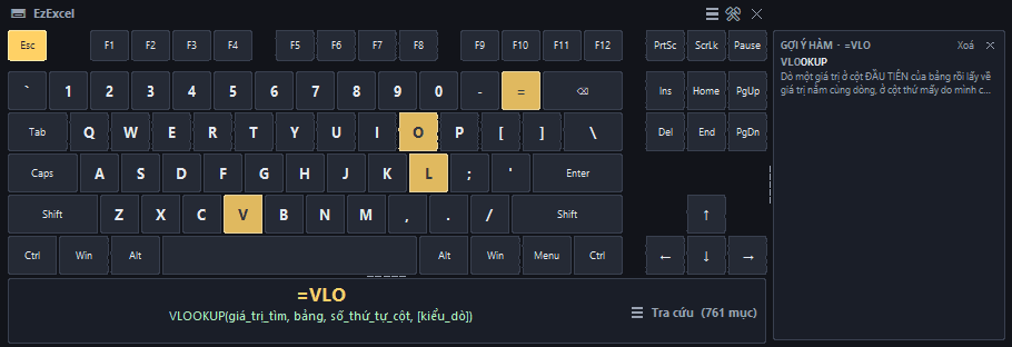 Gõ =VLO trong Excel, EzExcel hiện ngay VLOOKUP kèm cú pháp đầy đủ