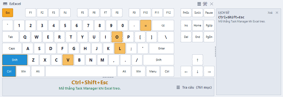 Bấm Ctrl+Shift, EzExcel hiện ngay nghĩa của tổ hợp vừa bấm