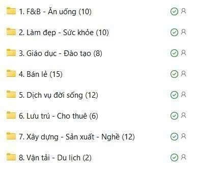 8 nhóm ngành của bộ mẫu: F&B, làm đẹp, giáo dục, bán lẻ, dịch vụ, lưu trú, xây dựng, vận tải