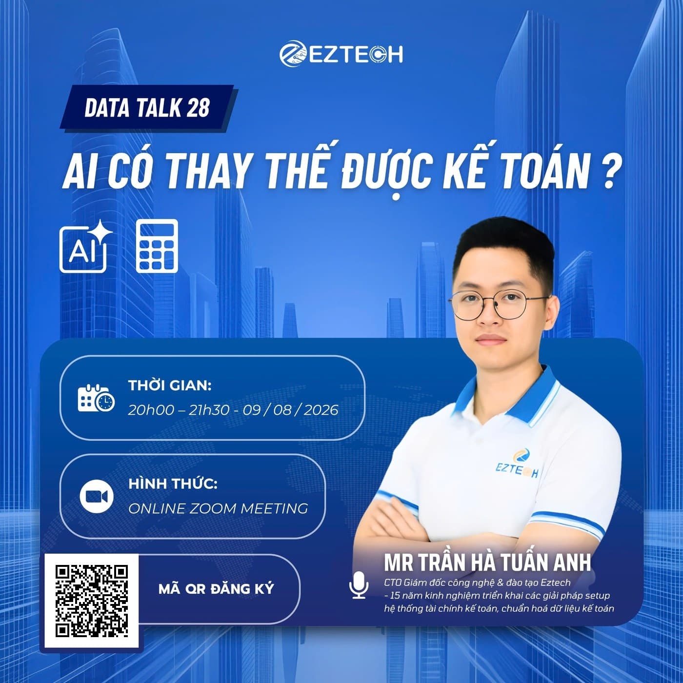 Poster Data Talk 28 — AI có thay thế được kế toán? 20h00–21h30 Chủ nhật 09/08/2026, online qua Zoom, có mã QR đăng ký
