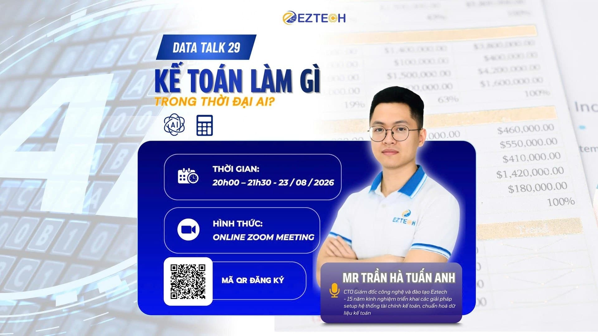 Banner ngang Data Talk 29 — Kế toán làm gì trong thời đại AI? Diễn giả Mr Trần Hà Tuấn Anh, 20h00–21h30 ngày 23/08/2026