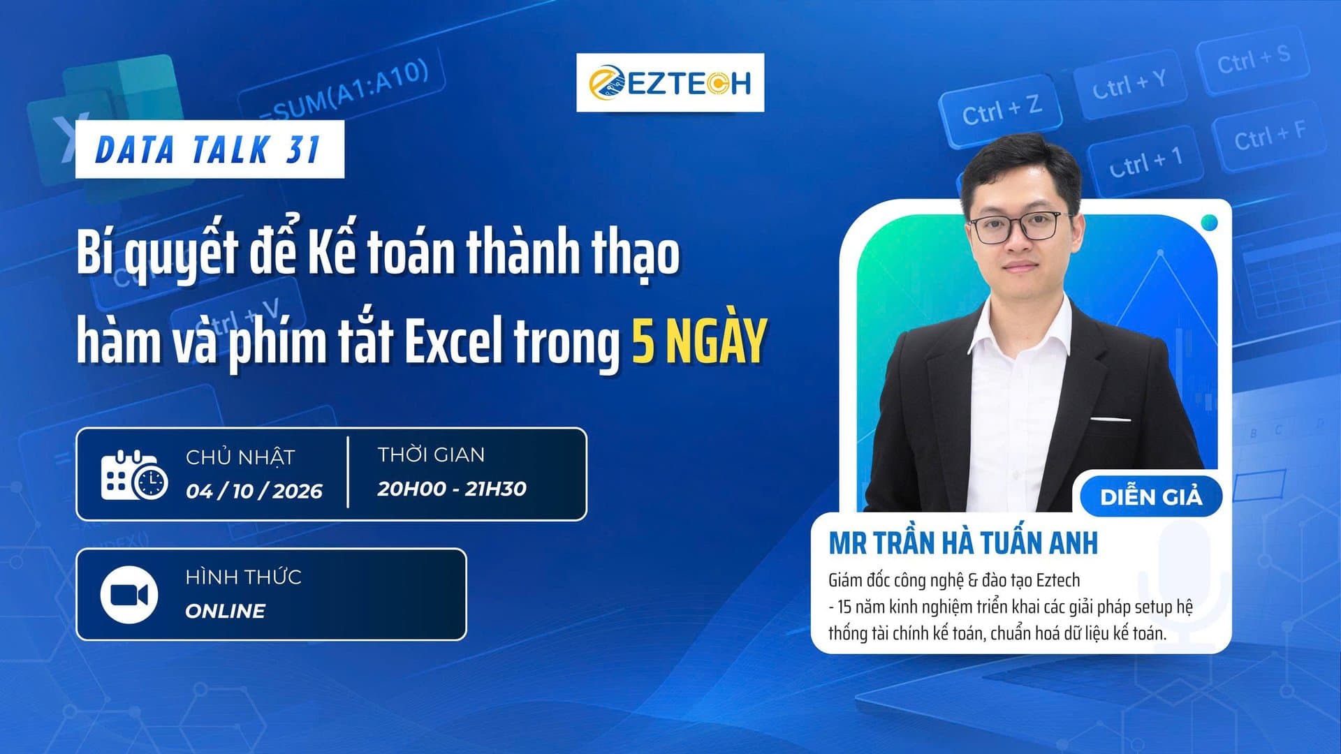 Poster Data Talk 31 — Bí quyết để Kế toán thành thạo hàm và phím tắt Excel trong 5 ngày, Chủ nhật 04/10/2026, 20h00–21h30, online, diễn giả Mr Trần Hà Tuấn Anh