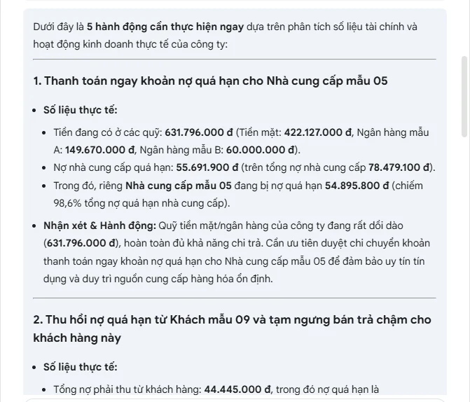 Gemini trong Google Sheets trả lời câu hỏi về việc cần làm ngay, dựa trên số liệu mẫu của EzAcc