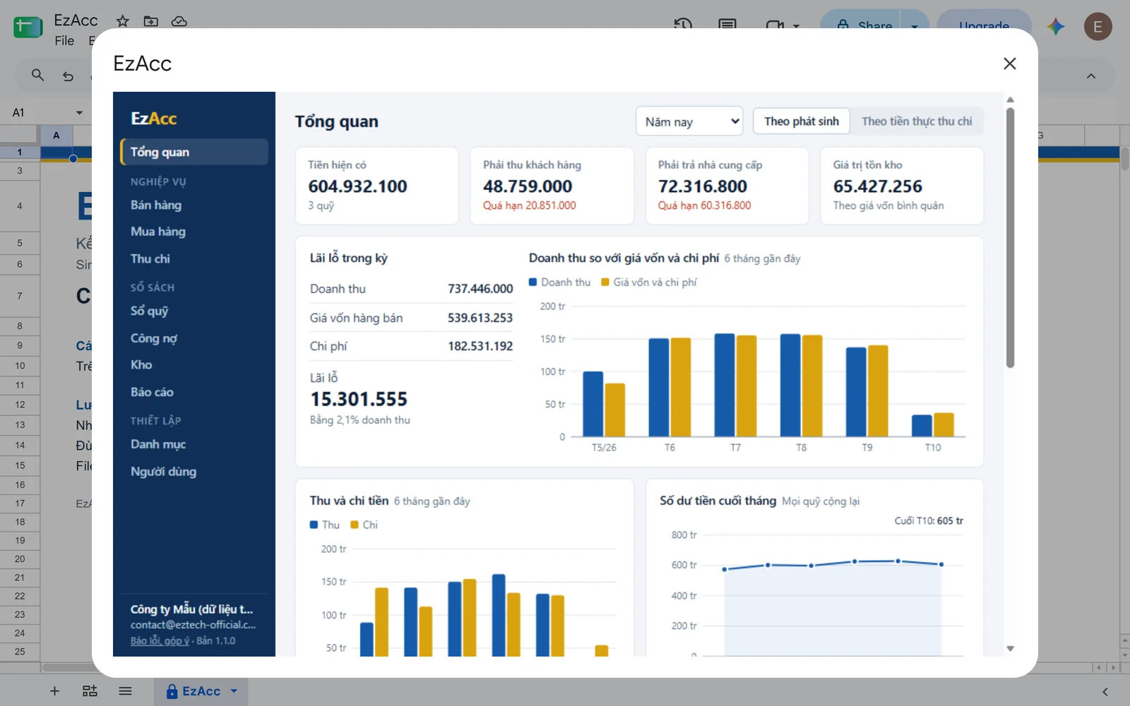 Cửa sổ EzAcc đang mở trên một file Google Sheets