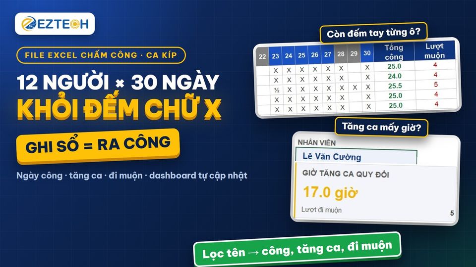 File Excel chấm công, ca kíp, tăng ca cho kế toán tiền lương: ngày công tự tính, có dashboard